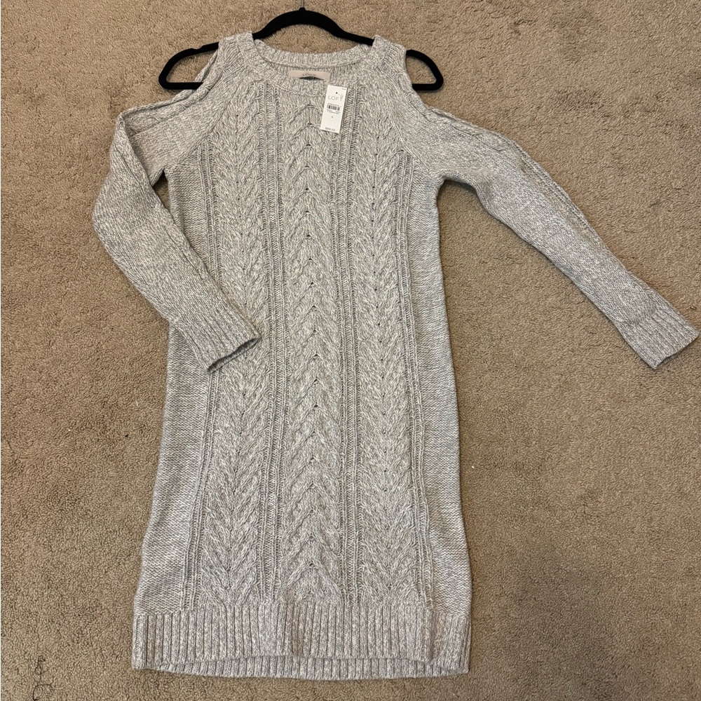 Loft brand cold shoulder sweater dress in light gray.